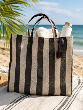 Black & Beige Striped Mesh Beach Tote Large 16x17 Pool Vacation Shopper Bag